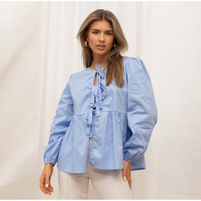 Majica na vezanje s mašnom, ženske nabore, jednobojne bluze s dugim puf rukavima i izdubljenim O-izrezom, ženske modne majice za ljeto 2024.