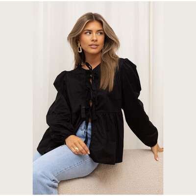 Majica na vezanje s mašnom, ženske nabore, jednobojne bluze s dugim puf rukavima i izdubljenim O-izrezom, ženske modne majice za ljeto 2024.