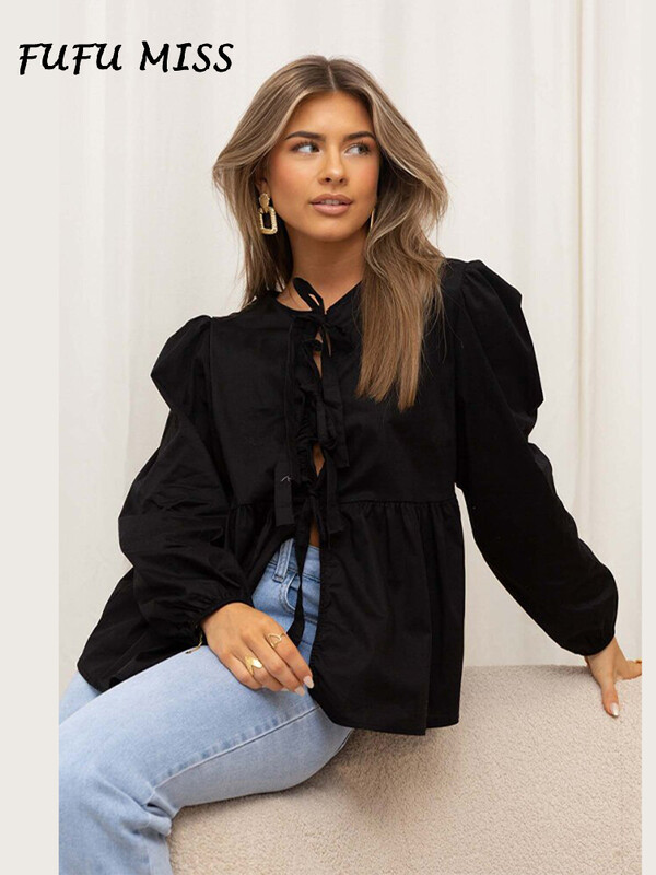 Majica na vezanje s mašnom, ženske nabore, jednobojne bluze s dugim puf rukavima i izdubljenim O-izrezom, ženske modne majice za ljeto 2024.