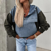 Toamnă noi hanorace din denim mozaic pentru femei Topuri la modă cu fermoar buzunar pulover lejer casual cu mânecă lungă High Street