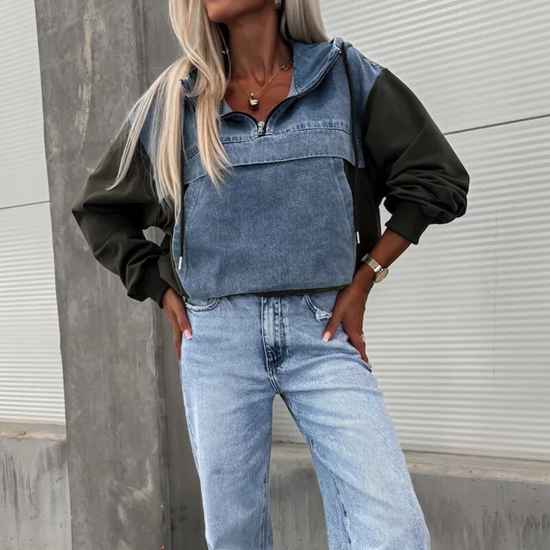 Toamnă noi hanorace din denim mozaic pentru femei Topuri la modă cu fermoar buzunar pulover lejer casual cu mânecă lungă High Street