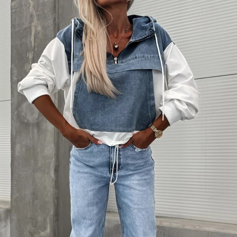Toamnă noi hanorace din denim mozaic pentru femei Topuri la modă cu fermoar buzunar pulover lejer casual cu mânecă lungă High Street