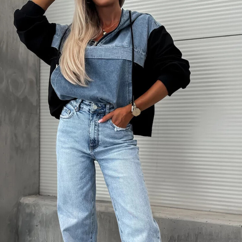 Toamnă noi hanorace din denim mozaic pentru femei Topuri la modă cu fermoar buzunar pulover lejer casual cu mânecă lungă High Street