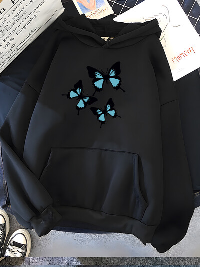 Γυναικεία φούτερ με στάμπα πεταλούδων Hirsionsan Μαλακά, χαλαρά, φαρδιά γυναικεία φούτερ 2023 Χειμώνας Νέα ζεστά μπλουζάκια από φλις για κορίτσια