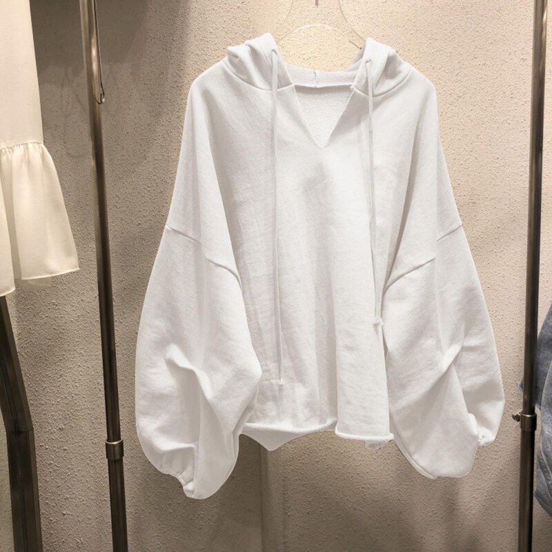 Ženska majica s kapuljačom Jednobojni pulover s uzicom Jesenska majica s rukavima s krilima šišmiša i V-izrezom Ženska majica s kapuljačom Široki džemper 2021.