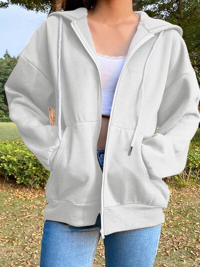 Ženske majice s kapuljačom i dugim rukavima s patentnim zatvaračem i kapuljačom Jednobojna, udobna majica s kapuljačom Jesen, crno-bijele ženske majice s kapuljačom