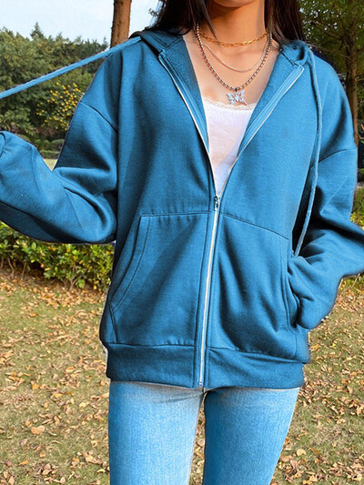 Ženske majice s kapuljačom i dugim rukavima s patentnim zatvaračem i kapuljačom Jednobojna, udobna majica s kapuljačom Jesen, crno-bijele ženske majice s kapuljačom