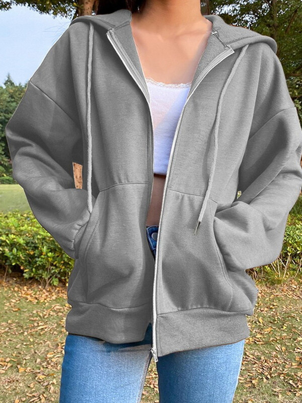 Ženske majice s kapuljačom i dugim rukavima s patentnim zatvaračem i kapuljačom Jednobojna, udobna majica s kapuljačom Jesen, crno-bijele ženske majice s kapuljačom