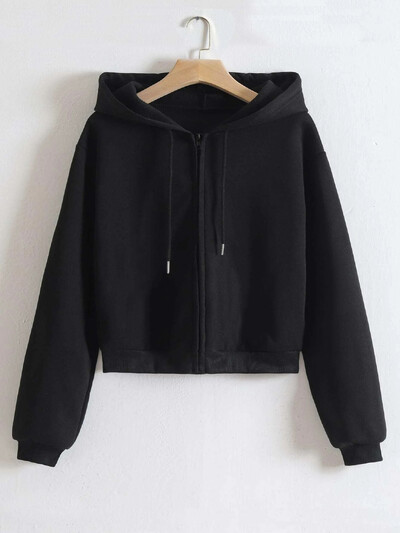 Hanorac cu șnur în stil scurt pentru femei, toamnă și iarnă, din catifea, cu mâneci lungi și fermoar.