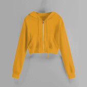 Ženska, ležerna, jednobojna majica s kapuljačom i dugim rukavima, s džepovima i vezicama, kratka šik jakna, majica s patentnim zatvaračem