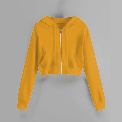 Ženska, ležerna, jednobojna majica s kapuljačom i dugim rukavima, s džepovima i vezicama, kratka šik jakna, majica s patentnim zatvaračem