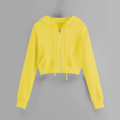 Ženska, ležerna, jednobojna majica s kapuljačom i dugim rukavima, s džepovima i vezicama, kratka šik jakna, majica s patentnim zatvaračem