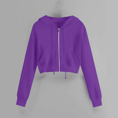 Ženska, ležerna, jednobojna majica s kapuljačom i dugim rukavima, s džepovima i vezicama, kratka šik jakna, majica s patentnim zatvaračem