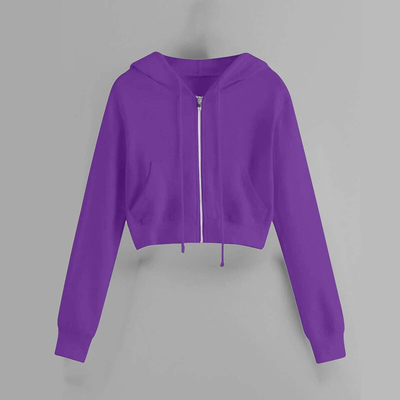 Ženska, ležerna, jednobojna majica s kapuljačom i dugim rukavima, s džepovima i vezicama, kratka šik jakna, majica s patentnim zatvaračem