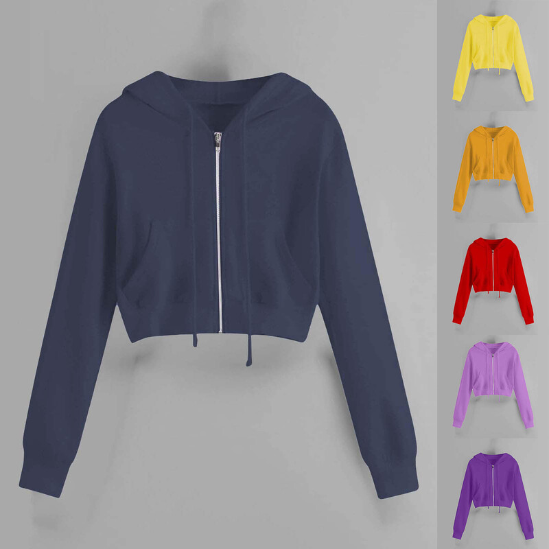 Ženska, ležerna, jednobojna majica s kapuljačom i dugim rukavima, s džepovima i vezicama, kratka šik jakna, majica s patentnim zatvaračem