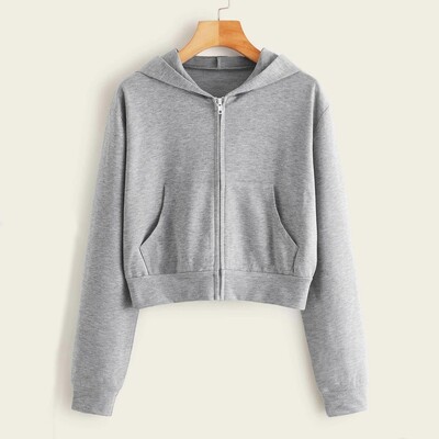 Jachetă crop top gri casual pentru femei, ocazional, cu mânecă lungă, cu fermoar, cămașă cu buzunar, hanorac cu glugă Topuri, hanorace pentru femei, Ropa Mujer