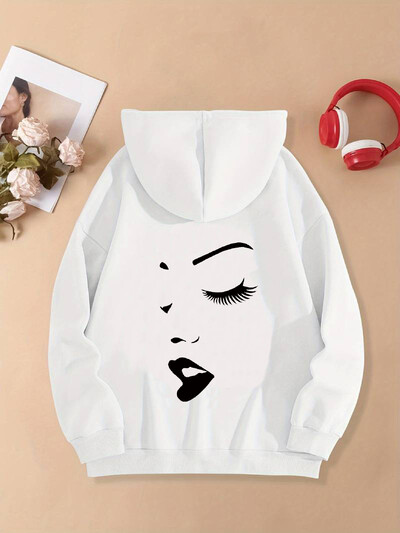 Široka ženska majica s kapuljačom s printom i dugim rukavima plus samtasti gornji dio s klokanovim džepovima, ležerni sportski pulover