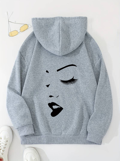 Široka ženska majica s kapuljačom s printom i dugim rukavima plus samtasti gornji dio s klokanovim džepovima, ležerni sportski pulover