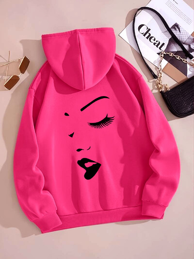 Široka ženska majica s kapuljačom s printom i dugim rukavima plus samtasti gornji dio s klokanovim džepovima, ležerni sportski pulover