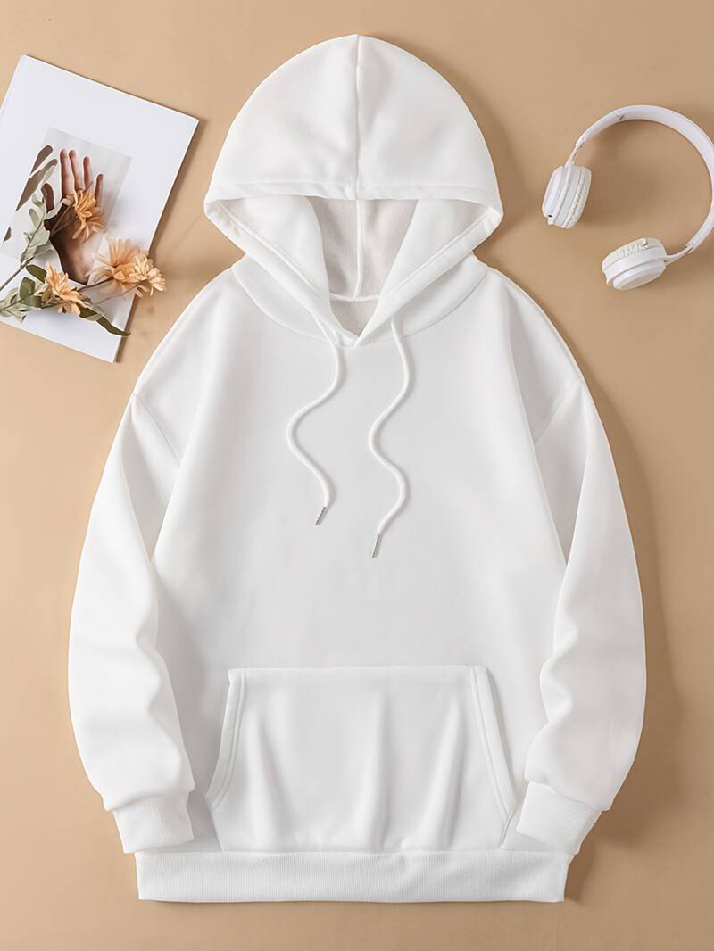 Široka ženska majica s kapuljačom s printom i dugim rukavima plus samtasti gornji dio s klokanovim džepovima, ležerni sportski pulover