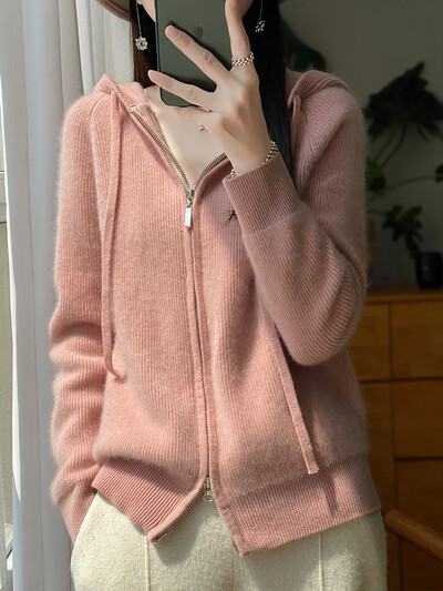 Cardigan șic cu fermoar, pulover pentru femei, toamnă iarnă, 100% lână merinos, ocazional, cu mânecă lungă, cașmir, tricotat cu glugă, topuri de modă coreeană