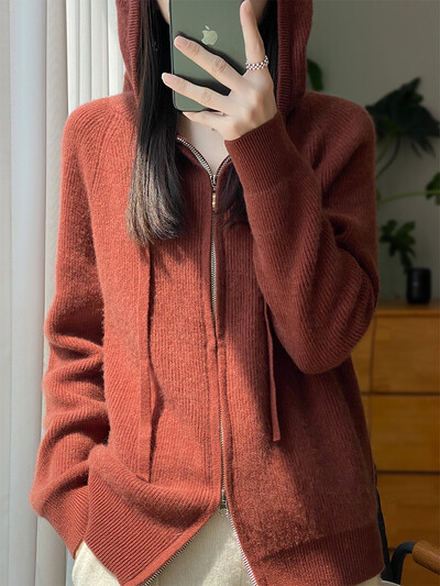 Κομψή ζακέτα με φερμουάρ Γυναικείο πουλόβερ Φθινοπωρινό Χειμώνας 100% Μαλλί Merino Casual μακρυμάνικο κασμίρ Πλεκτό με κουκούλα Κορεάτικα μπλουζάκια μόδας