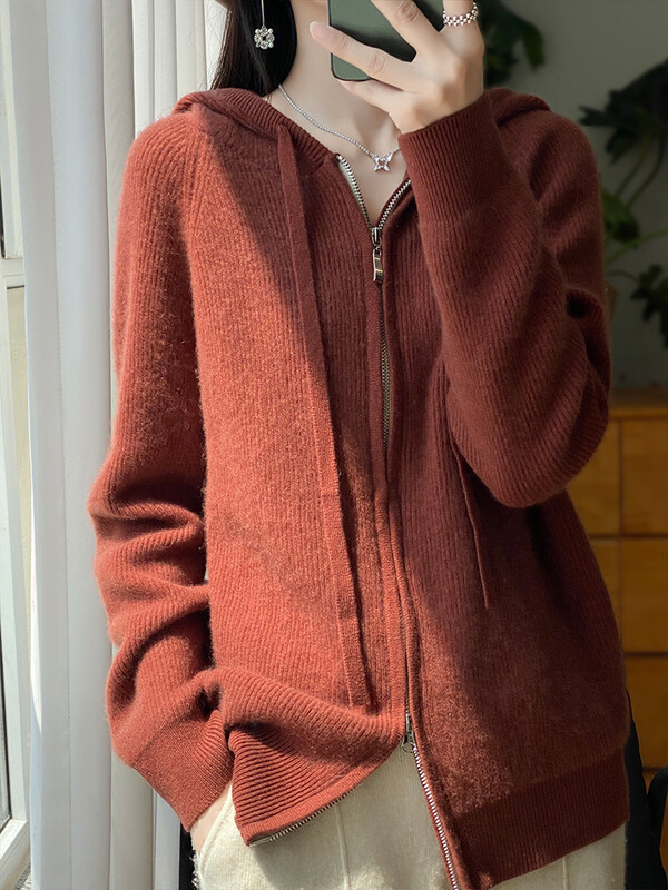 Κομψή ζακέτα με φερμουάρ Γυναικείο πουλόβερ Φθινοπωρινό Χειμώνας 100% Μαλλί Merino Casual μακρυμάνικο κασμίρ Πλεκτό με κουκούλα Κορεάτικα μπλουζάκια μόδας