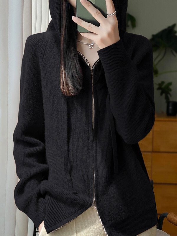 Κομψή ζακέτα με φερμουάρ Γυναικείο πουλόβερ Φθινοπωρινό Χειμώνας 100% Μαλλί Merino Casual μακρυμάνικο κασμίρ Πλεκτό με κουκούλα Κορεάτικα μπλουζάκια μόδας