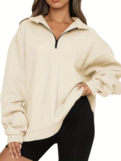 Μονόχρωμο μισάνοιχτο πουλόβερ με φερμουάρ με φερμουάρ για κεφαλή, ανοιξιάτικο και καλοκαίρι casual μακρυμάνικο πουλόβερ με γιακά, ΓΥΝΑΙΚΕΙΑ