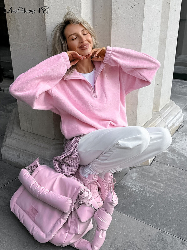 Mnealways18 Ružičasti puloveri s patentnim zatvaračem od polarnog flisa Ženske ulične majice s dugim rukavima Jesen Zima 2024. Ženska moda