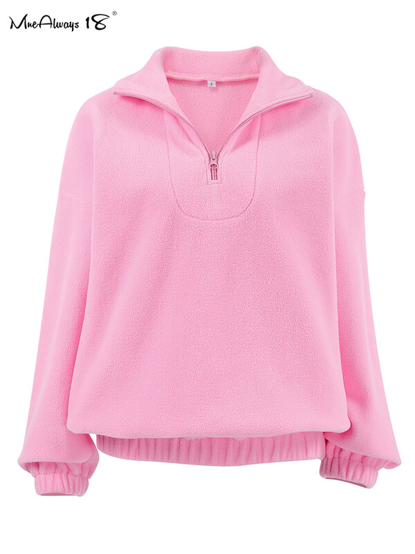Mnealways18 Ružičasti puloveri s patentnim zatvaračem od polarnog flisa Ženske ulične majice s dugim rukavima Jesen Zima 2024. Ženska moda