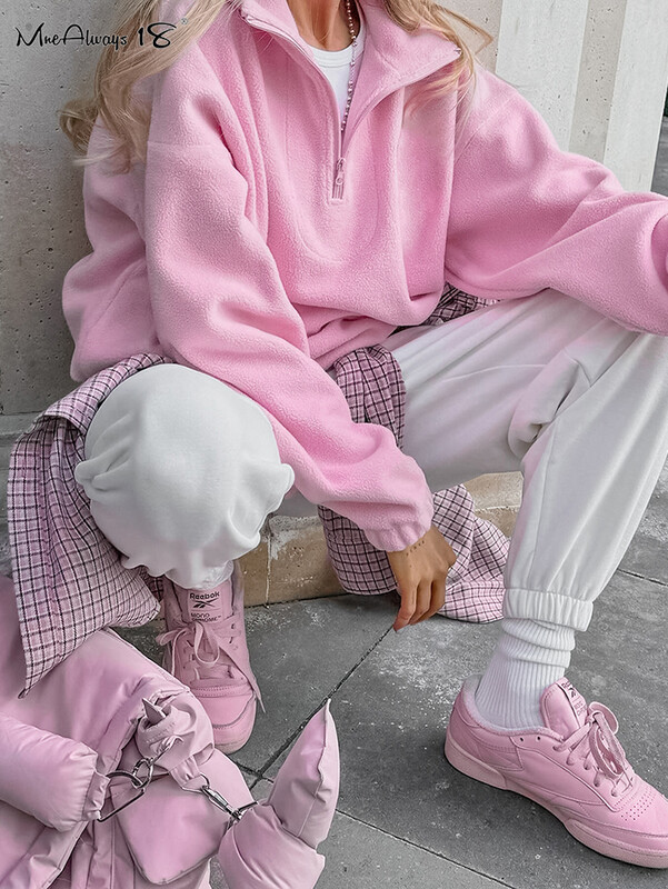 Mnealways18 Ružičasti puloveri s patentnim zatvaračem od polarnog flisa Ženske ulične majice s dugim rukavima Jesen Zima 2024. Ženska moda