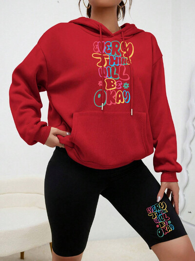 Kõik asjad Cuill Olge OK Kirjatrükk Naiste kapuutsikomplekt Sügisene Täielik kapuutsiga soe must pükstemood Mugavad rõivakomplektid