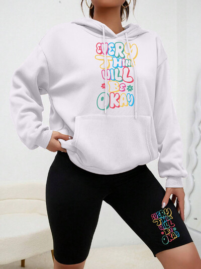 Kõik asjad Cuill Olge OK Kirjatrükk Naiste kapuutsikomplekt Sügisene Täielik kapuutsiga soe must pükstemood Mugavad rõivakomplektid