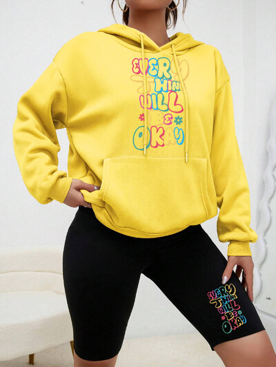 Kõik asjad Cuill Olge OK Kirjatrükk Naiste kapuutsikomplekt Sügisene Täielik kapuutsiga soe must pükstemood Mugavad rõivakomplektid