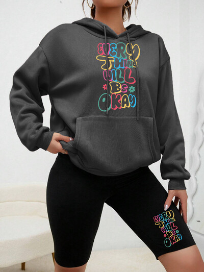 Kõik asjad Cuill Olge OK Kirjatrükk Naiste kapuutsikomplekt Sügisene Täielik kapuutsiga soe must pükstemood Mugavad rõivakomplektid