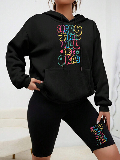 Kõik asjad Cuill Olge OK Kirjatrükk Naiste kapuutsikomplekt Sügisene Täielik kapuutsiga soe must pükstemood Mugavad rõivakomplektid