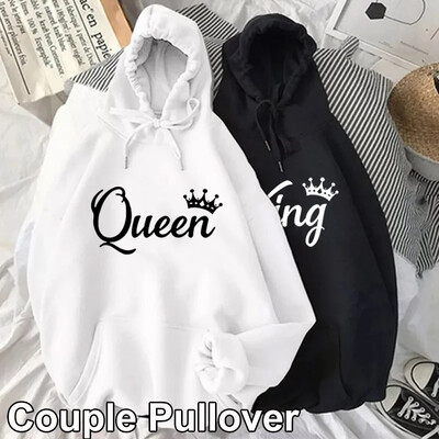 Moda pentru femei, cu mânecă lungă, pulover, hanorace cu glugă, unisex, cu imprimeu, rege și regina, ocazional, îmbrăcăminte de stradă, transpirație pentru cuplu
