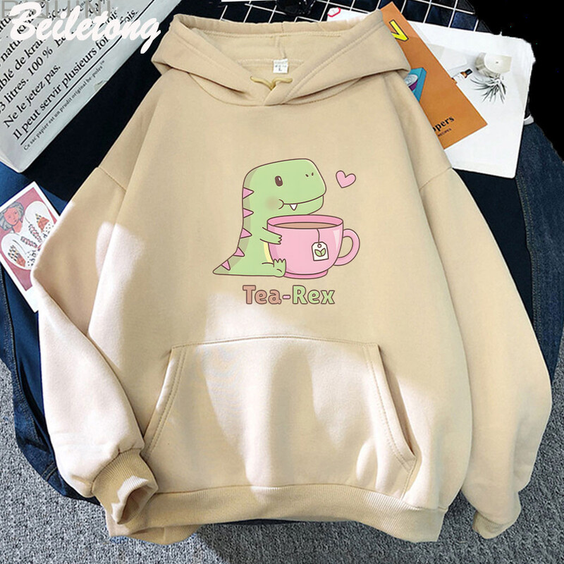 Dinosauruse kapuuts, naiste multikas, armas trükis Kawaii koomiksiriided, suures suuruses pullover Harajuku naistele, sügise soojad tänavariided