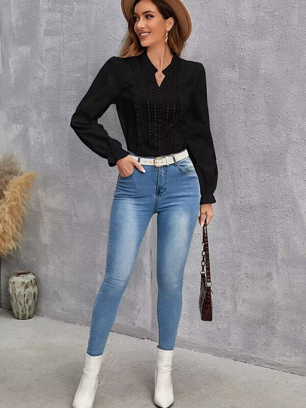 Elegantne ženske elegantne bluze s šavovima od čipke, modne puf majice s dugim rukavima, ležerna bijela košulja, mladenačke ženske bluze, novo 2024.