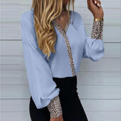 Μόδα λεοπάρ ραφές μακρυμάνικο γυναικείες μπλούζες για δουλειά Επαγγελματικές μπλούζες γραφείου με V λαιμόκοψη Loose Chic πουκάμισα Camisas