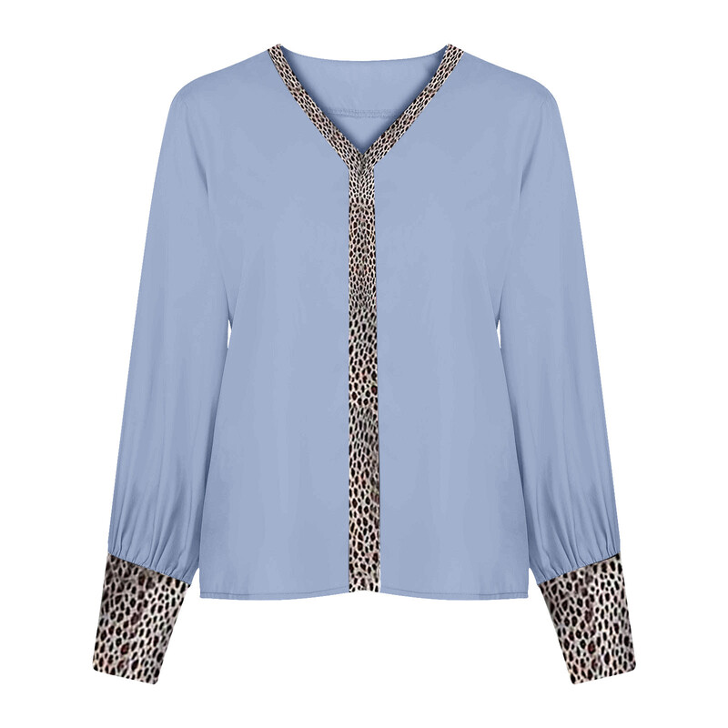 Μόδα λεοπάρ ραφές μακρυμάνικο γυναικείες μπλούζες για δουλειά Επαγγελματικές μπλούζες γραφείου με V λαιμόκοψη Loose Chic πουκάμισα Camisas