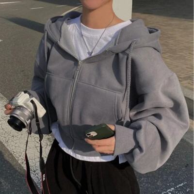 2024. Proljeće Jesen Nova Ženska svestrana skraćena uska majica s patentnim zatvaračem podstavljena od flisa Topla tamnoplava ženska majica s kapuljačom