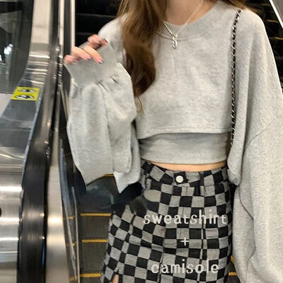 Naiste põhjuslikud dressipluusid, lahtised, tahked kärbitud topid Hip-hop tantsu O-kaelusega kapuutsid Baggy High Street pikkade varrukatega bolero 2-osalised komplektid