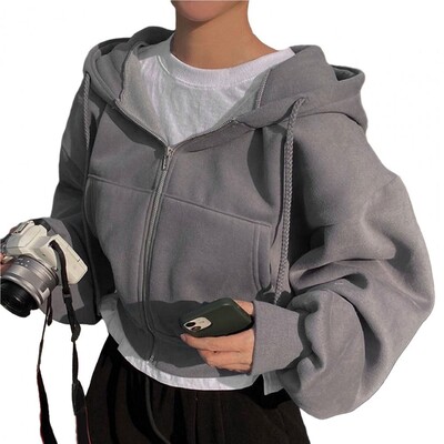 Ženske kratke majice s kapuljačom Jesen Retro jednobojna trenirka s patentnim zatvaračem Harajuku korejska jakna s kapuljačom dugih rukava Kaput s kratkim rukavima