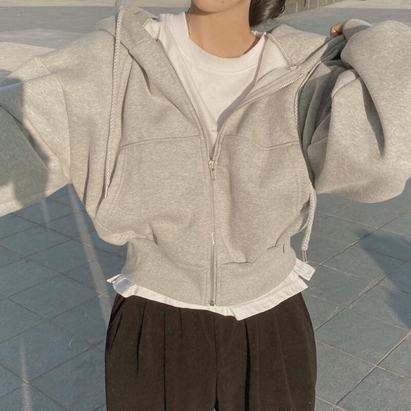 Ženske kratke majice s kapuljačom Jesen Retro jednobojna trenirka s patentnim zatvaračem Harajuku korejska jakna s kapuljačom dugih rukava Kaput s kratkim rukavima