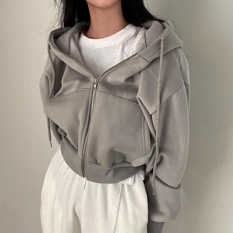 Ženske kratke majice s kapuljačom Jesen Retro jednobojna trenirka s patentnim zatvaračem Harajuku korejska jakna s kapuljačom dugih rukava Kaput s kratkim rukavima