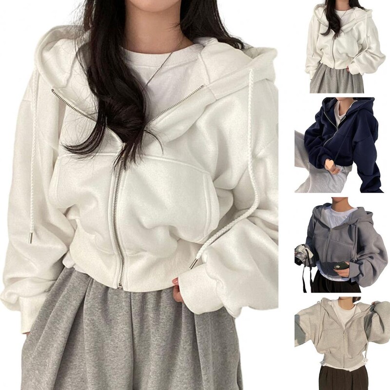 Ženske kratke majice s kapuljačom Jesen Retro jednobojna trenirka s patentnim zatvaračem Harajuku korejska jakna s kapuljačom dugih rukava Kaput s kratkim rukavima