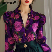 Ženska jesenska vintage cvjetna luksuzna košulja na kopčanje, uredska dama s reverom, elegantna šik bluza, modne široke majice dugih rukava