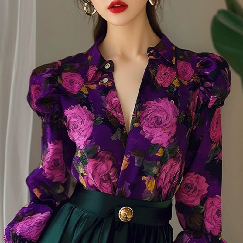 Ženska jesenska vintage cvjetna luksuzna košulja na kopčanje, uredska dama s reverom, elegantna šik bluza, modne široke majice dugih rukava